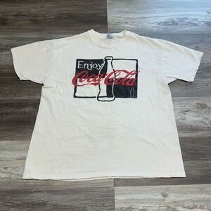 Vintage Hanes Coca Cola White Mens XL Crewneck Spell Out Cotton T-Shirt 90s